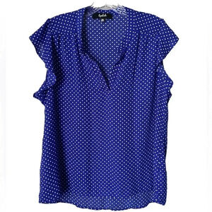 LIPSLIDE | Blue and White Polka Dot Ruffle Cap Sleeve V-neck Chiffon Top Size XL